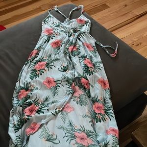 Blue floral floor length dress with slit and blue slip underneath